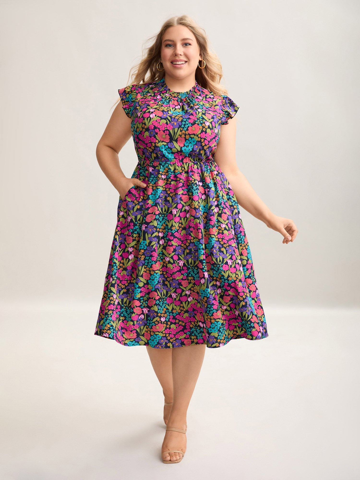 Floral Print Shirred Pockets Midi Dress